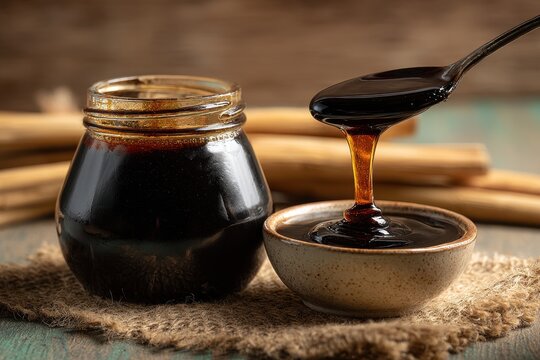 Warm kitchen scene with a glass jar of molasses and amber drizzle