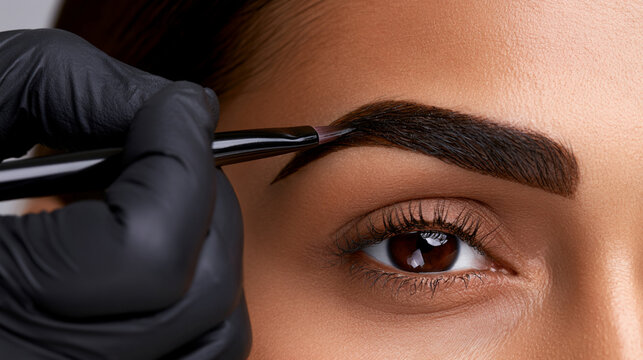 Extreme Close-up of Professional Henna Eyebrow Tinting Treatment with Precision Brush and Black Latex Gloves