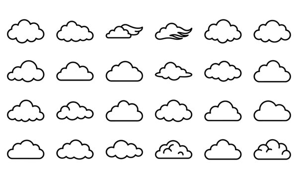 Set of cloud icons in outline style, simple vector collection of weather symbols, fluffy clouds, cumulus, stratus and cirrus shapes