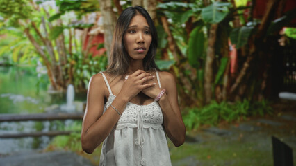Fototapeta premium Woman clasping hands to chest in a forest wearing a white crochet sundress and bracelets; vulnerability anxiety.