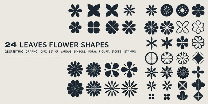 Floral ornament set in geometric style dark shapes on beige background