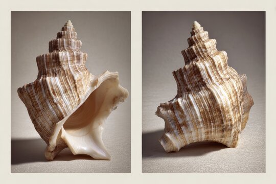 Diptych photograph of a lightning whelk shell from two angles on a neutral, sandy-toned surface