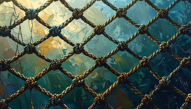 Close-up of a woven rope net with multiple knots against a blurred background of varying blues and golds