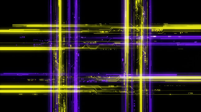 Cyberpunk neon yellow and violet data grid black abstract background