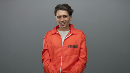 Fototapeta premium Man wearing orange prison jumpsuit with printed inmate number and handcuffs, hands cuffed at front in studio; remorse vulnerability.