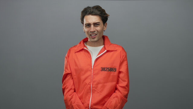 Man wearing orange prison jumpsuit with printed inmate number and handcuffs, hands cuffed at front in studio; remorse vulnerability.