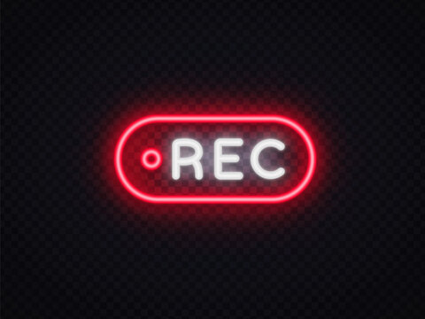 Neon REC button with bright glowing border on transparent background. Modern recording indicator for streaming platform, vlog content, video editing and broadcast graphics.