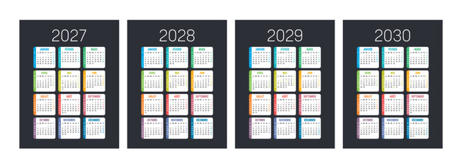 Calendriers français 2027, 2028, 2029, 2030, couleur, vectoriel avec numéros de semaine et jours fériés France, sur fond noir © mozZz