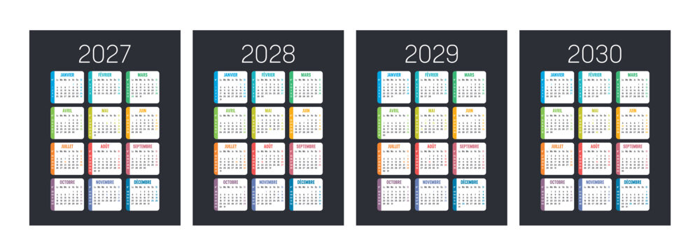 Calendriers fran&ccedil;ais 2027, 2028, 2029, 2030, couleur, vectoriel avec num&eacute;ros de semaine et jours f&eacute;ri&eacute;s France, sur fond noir