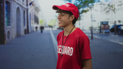 Obraz premium Man lifeguard wearing red cap and lifeguard shirt with whistle smiling and looking sideways on street; youthful confidence.