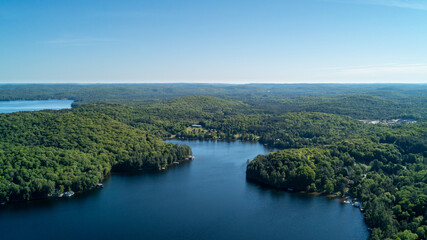 Fototapeta premium High-angle capturing a massive, lush green forested peninsula and bays stretching into a deep blue lake. Scattered cottages and docks are along the shore under a clear sky during late spring.