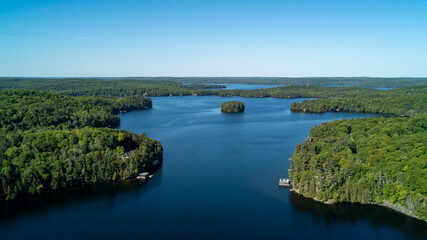 Obraz premium High-angle shot capturing a small, tree-covered island sitting in the middle of a deep blue lake, surrounded by expansive shorelines with cottages, docks and thick forest during a sunny summer day.