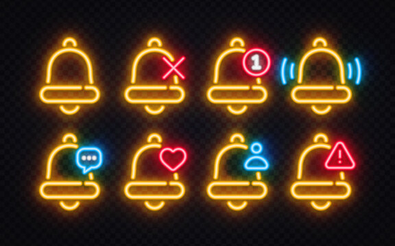 Set of 8 neon yellow notification bell icons with heart, warning, message and user badges on dark background. Glowing alert symbols for social media, app or website UI