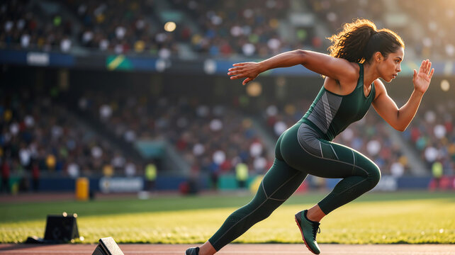 Powerful female athlete launching from starting blocks on a sunny stadium running track during an intense competitive race event.