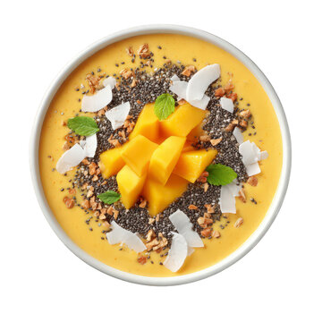 Mango chia pudding bowl with coconut flakes and mint garnish on white plate isolated