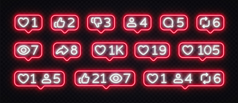 Neon red social media notification set with like, follow, comment, share, view counters and combined badges on dark background. Glowing UI kit for app, website or streaming platform