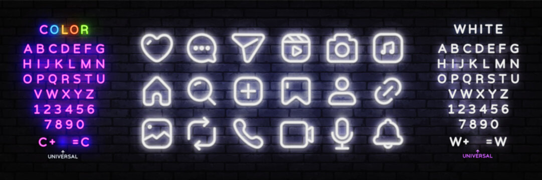 Neon white social media icon set with heart, chat, camera, home, search, bell and more on brick wall background. Glowing UI kit includes editable color and white alphabet for app