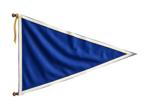 Blue triangular flag with white trim on wooden pole isolated on transparent background