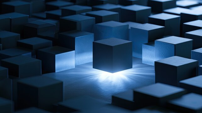 Abstract blue cubes arranged, one illuminated at center