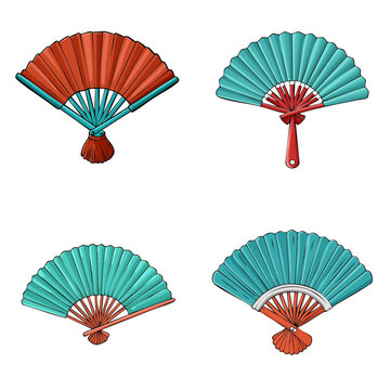 Set of four decorative folding fans in vibrant colors with tassels