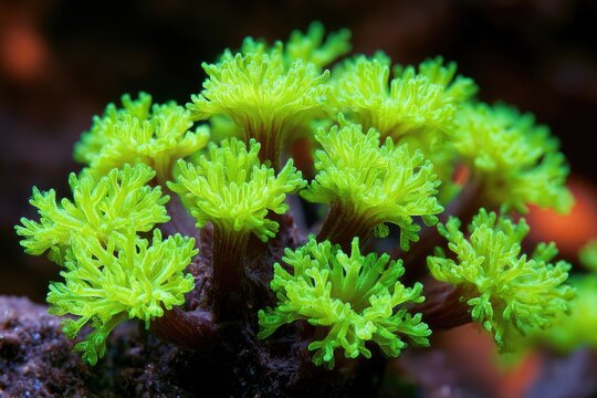 Vibrant lime green, frilly coral clusters grow from dark, textured base