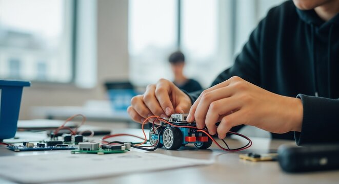 Student building robot in STEM class with hands working on electronics and motors. Project involves assembling components and programming for robotics,