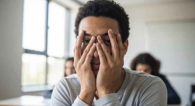 Student covering face in embarrassment during class with hands over eyes, showing distress and anxiety in educational setting.