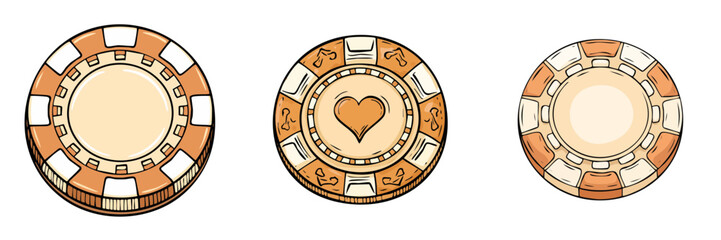 Fototapeta premium Set of poker chips with a heart symbol and decorative patterns for casino games