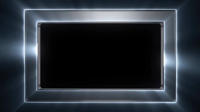 Panning shot of metallic illuminated rectangular frames with moving light reflections inside dark interior space