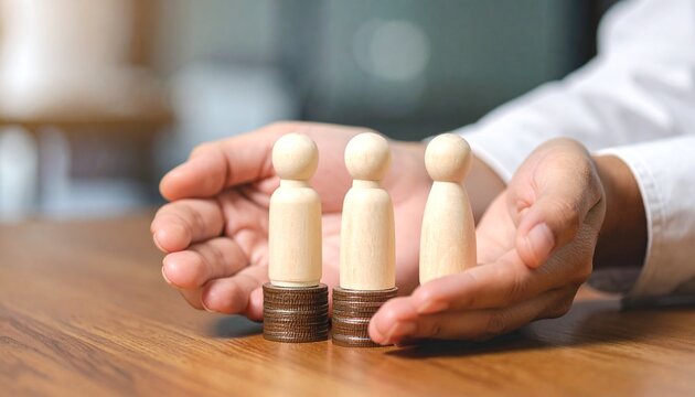 Financial Protection and Family Security Concept Featuring Hands Cupping Wooden Peg Figures Standing on Stacks of Coins on a Wooden Table