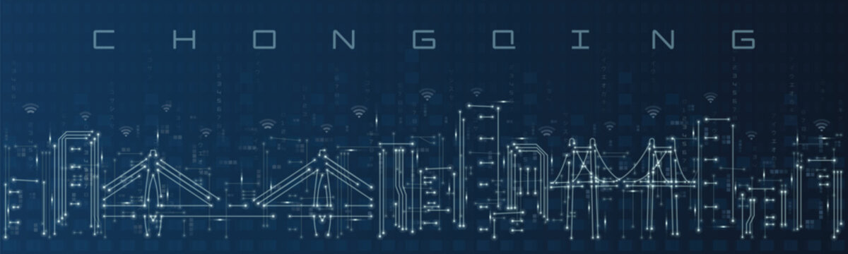 Chongqing Smart City Skyline Vector in Circuit Board Style Futuristic Technology Background