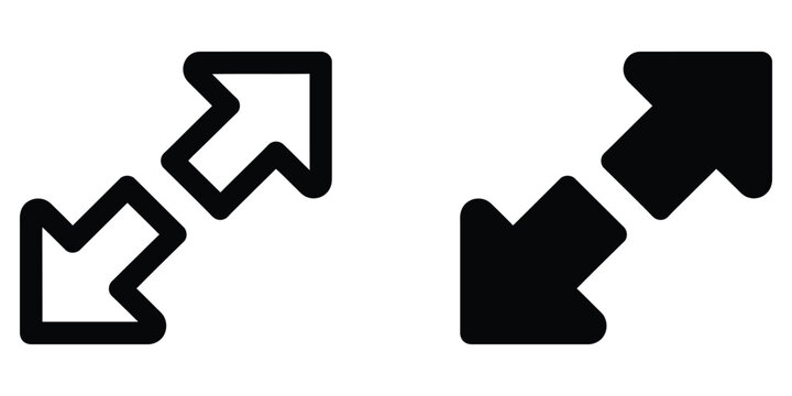 Black resize icon set with outline and solid diagonal arrows for user interface Vector
