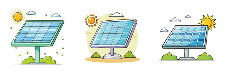 Obraz premium Set of solar panels in sunny outdoor environments with stylized clouds and grass