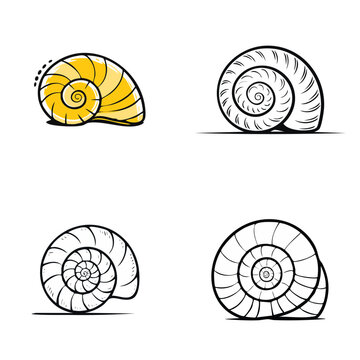 Set of stylized snail shell illustrations in various designs and colors