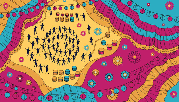 Vibrant illustration of people dancing in a circle at a traditional festival, with drums, lanterns, and flowers festive community celebration and cultural dance vector art