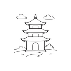 Naklejka premium A serene Asian-style pagoda on a transparent background with clouds and landscape