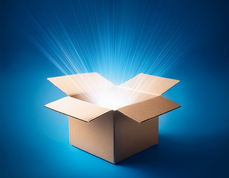 open cardboard box with glowing light beams shining from inside on blue background symbolizing mystery surprise or discovery concept