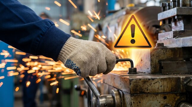Industrial Safety Hazard Warning: Worker operating dangerous machinery with intense sparks, symbolizing occupational risk and crucial accident prevention in manufacturing.