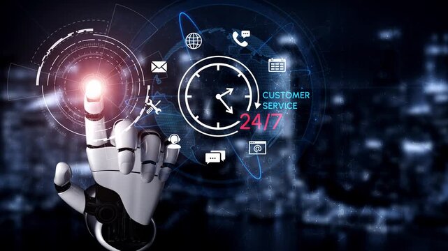 Futuristic Robot Hand Interacting with Digital Interface Icons Representing Customer Service, Technology, and Communication in a 24-7 Context. Entropy.
