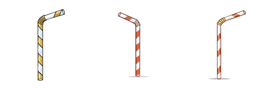 Set of striped drinking straws with bent necks in different colors