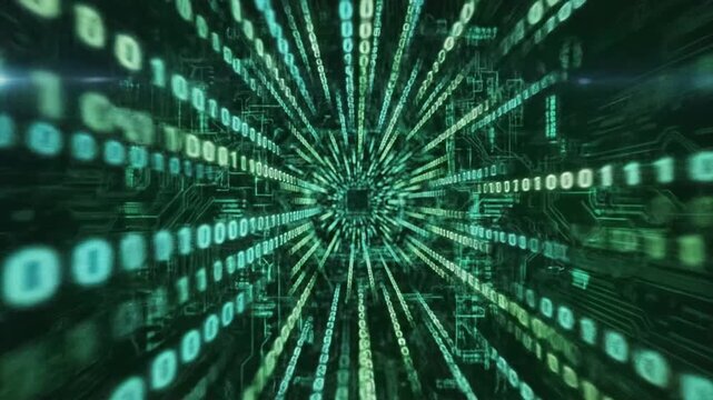 Futuristic digital data stream with glowing lines in a virtual space of binary code and patterns at high speed