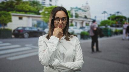 Obraz premium Woman in white shirt and glasses, palm up presenting with one hand then hand to chin pensive pose on an urban street crosswalk; thoughtful decision.