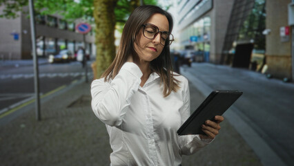 Fototapeta premium Woman holding tablet and touching neck for neckache on city street while reading a screen; discomfort.