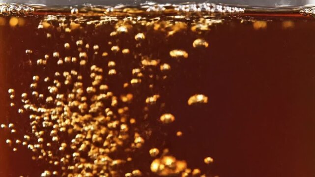 Sparse cola soda bubbles rise in dark liquid with loop effect in background