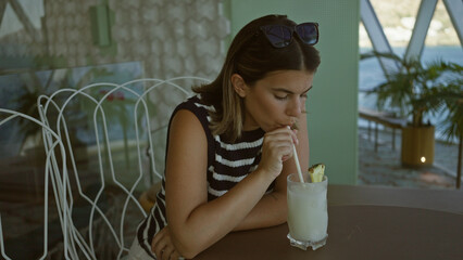 Obraz premium Woman stirs drink with straw at a table in a building by the water, sunglasses on head; contemplation moment.