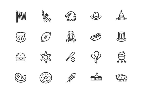 USA travel and culture line icons set. American landmark, traditional food, and country symbol outline illustration.
