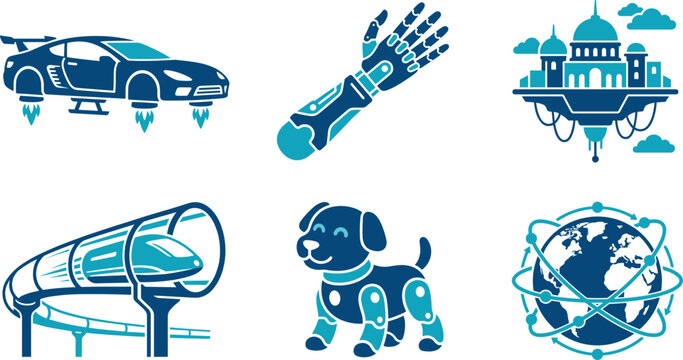 Futuristic technology icons including flying car robot arm hyperloop train robot dog floating city and global network vector illustration