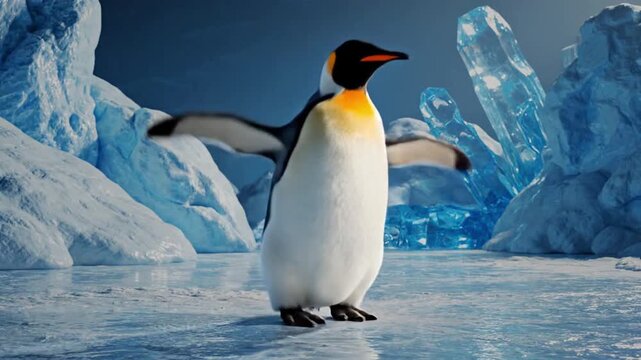 Penguin dances on ice in a bright cold environment with animated fur details