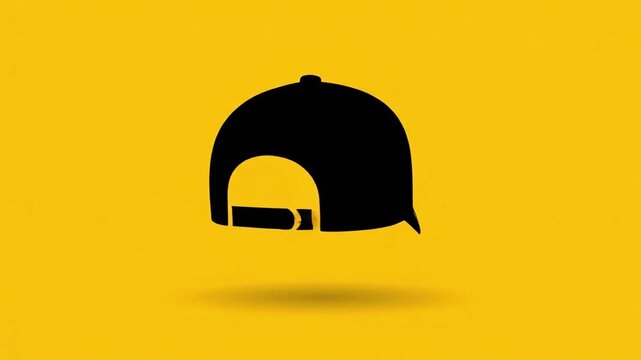 Black baseball cap icon animation on yellow background shows smooth movements and transitions in a simple design format for visual enjoyment