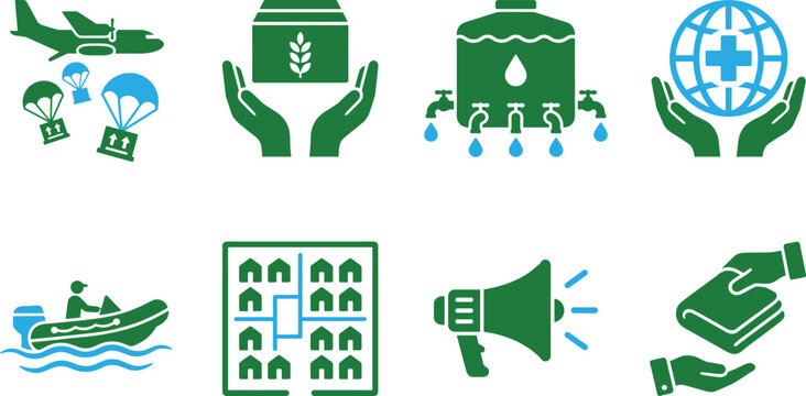 Humanitarian aid icons showing delivery water distribution global health housing communication and relief efforts vector illustration
